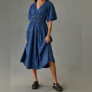 Anthropologie Pilcro Smocked Puff-Sleeve Denim Dress size XS